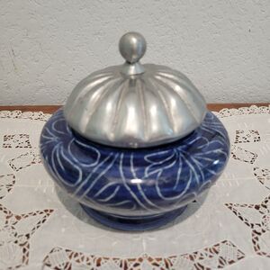 Vintage Blue & White Mexican Pottery Trinket Box w/ Pewter Lid ALBA Sm Repair